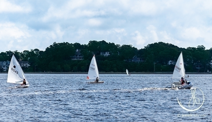Photo by Jeannie Feliciano/Blue Phoenix July 2020 Jr Sailing with an ICLA4, ICLA6, Sunfish, 2 Optis, and an instructor