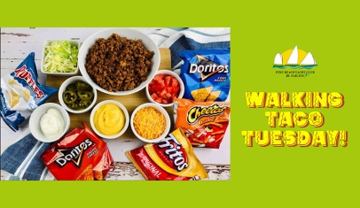 Walking taco with chip bags, taco meat and fixings